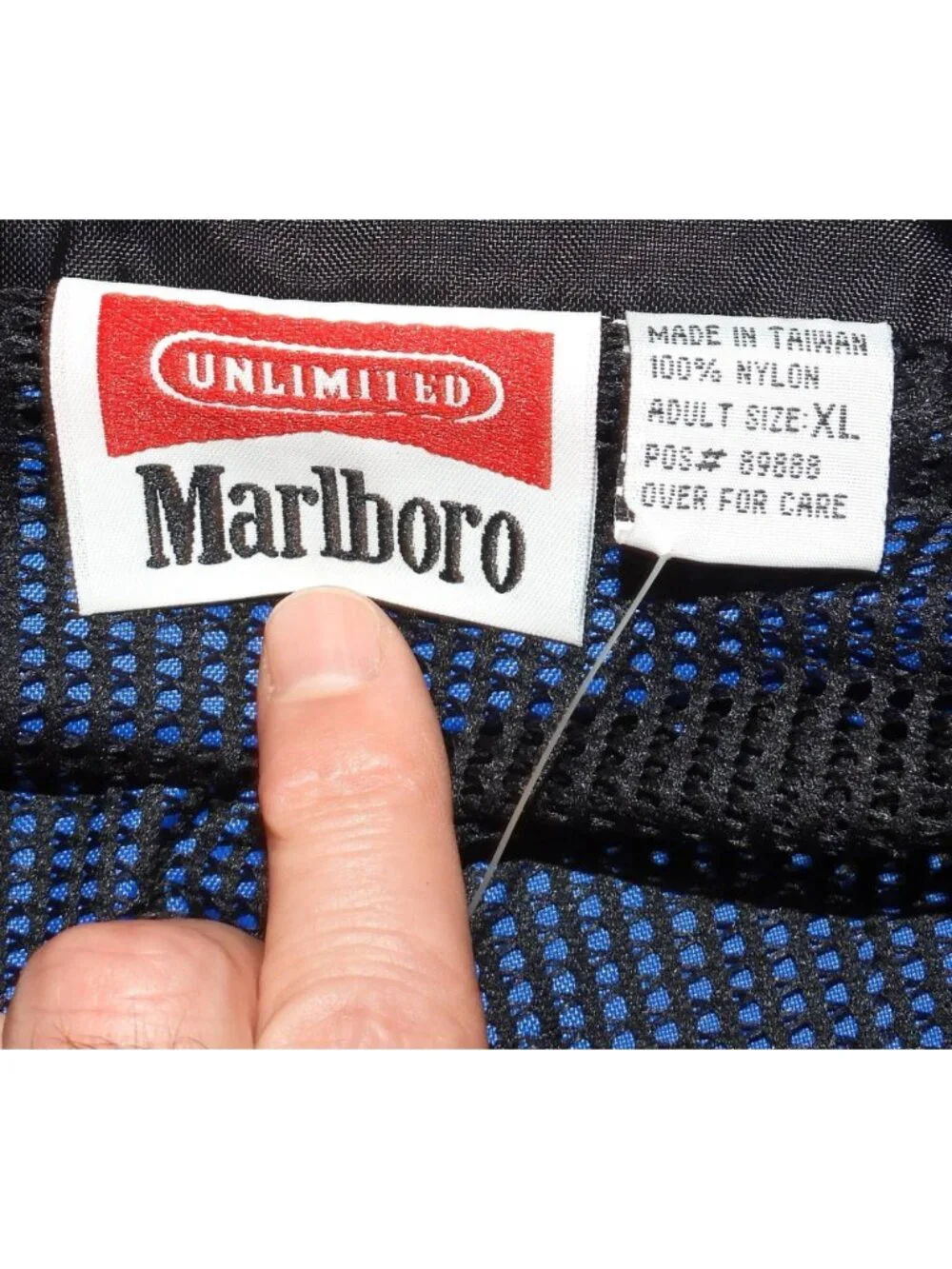 NWOT Vintage 90s Marlboro Unlimited Windbreaker Jacket XL Blue Packable Hood